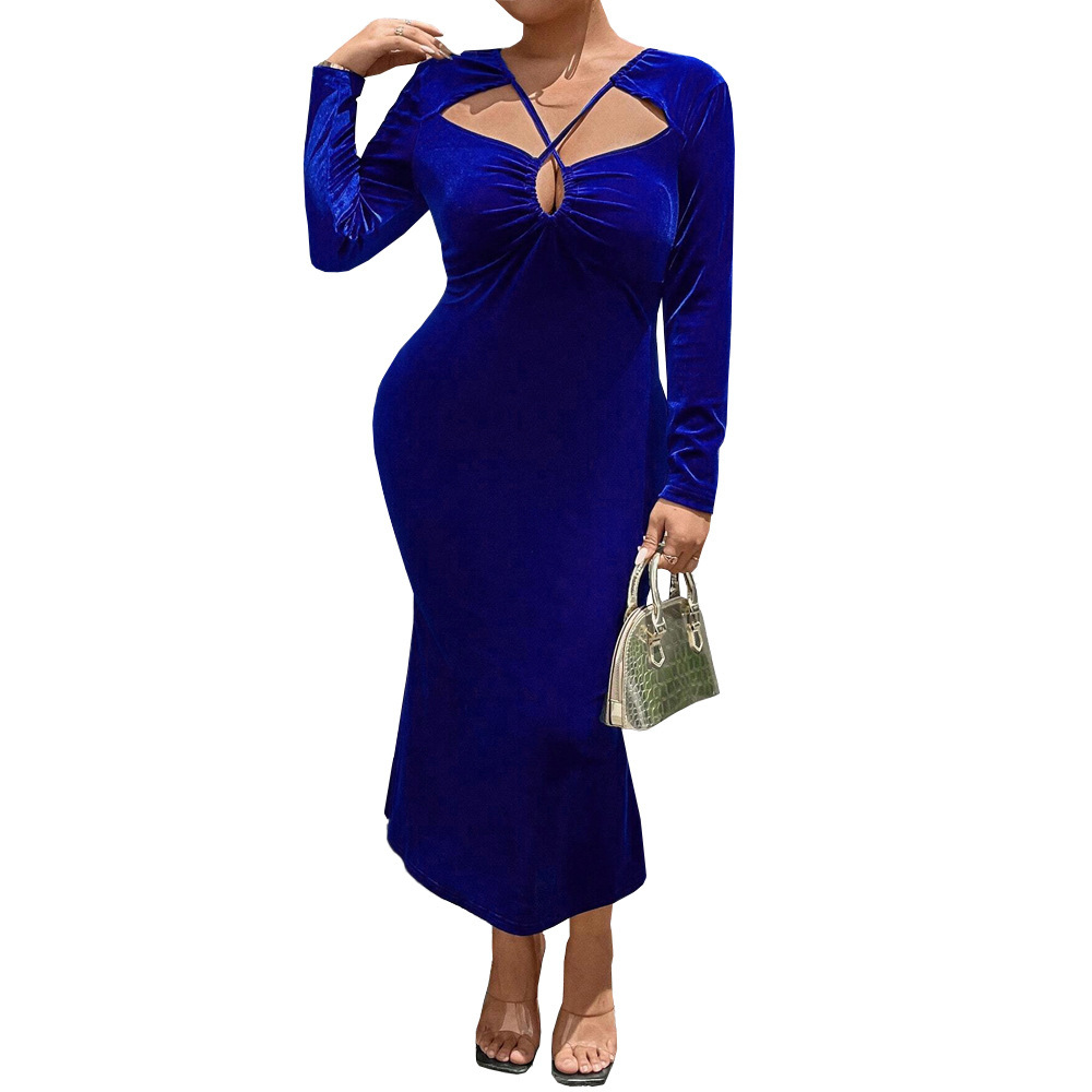 Plus Size Womens Clothing Socialite Style Korean Velvet Dress Autumn and Winter Blue Seductive Temperament Long Skirt