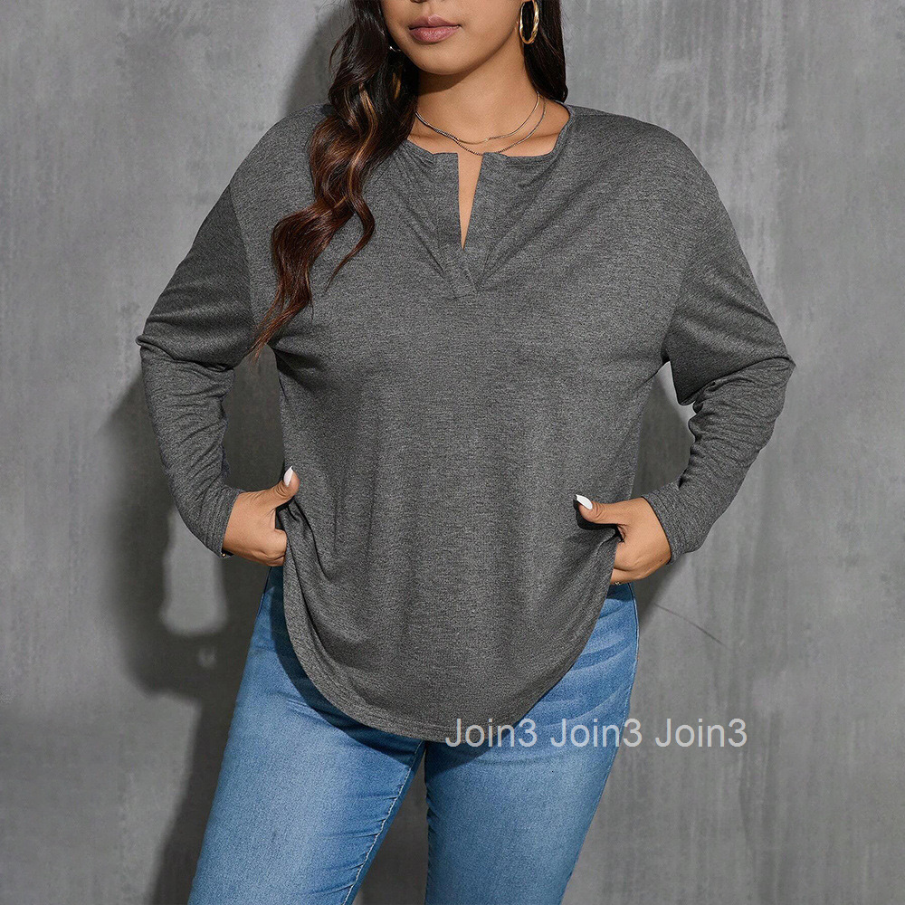 Womens V-neck Simple T-shirt Autumn and Winter Gray Versatile Loose Slimming Base Top