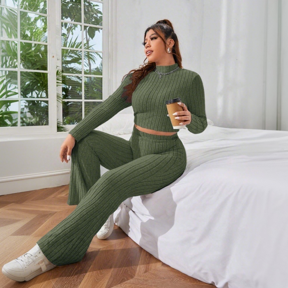Large Size Womens Simple Commuting Home Fashion Set Autumn and Winter Solid Color Comfortable Slim Fit Two-piece Set