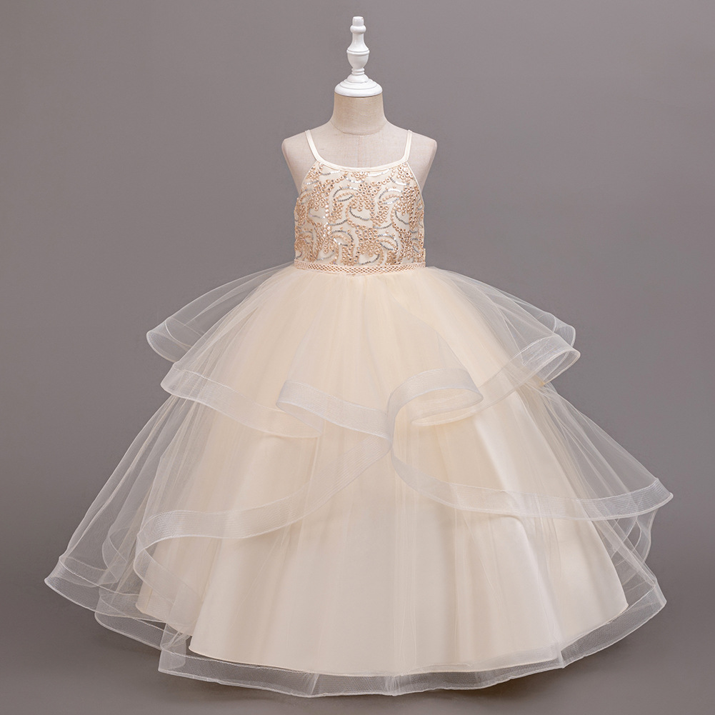 Girl Party Dress New Elegant Mesh Long Wedding Bridesmaid Dress 3-14Y Sequin Graduation Ball Evening Dresses Christmas performance host speeches D151
