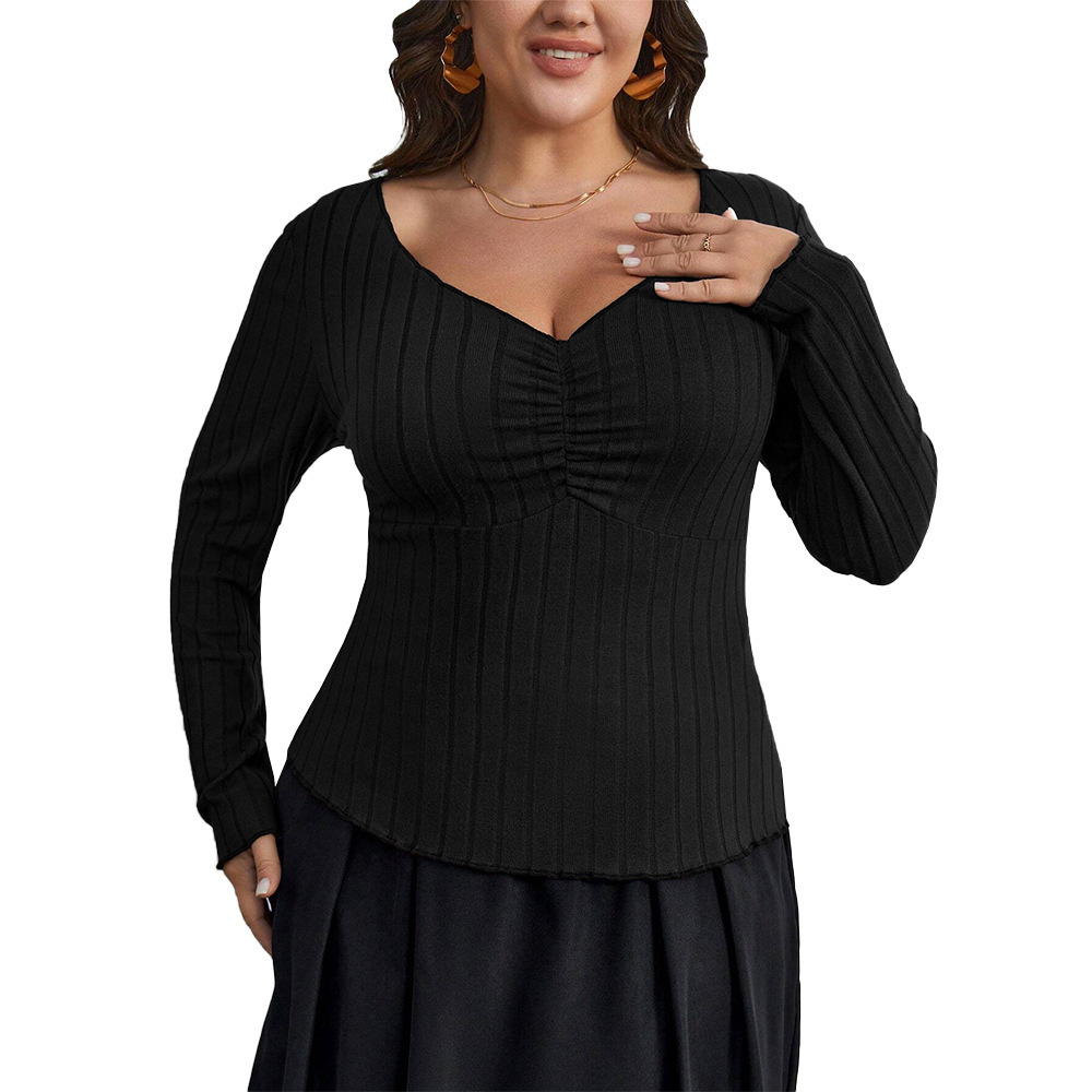 Plus Size Womens Elegant and Intellectual Style T-shirt Autumn and Winter Square Neck Slim Fit Long Sleeved Top