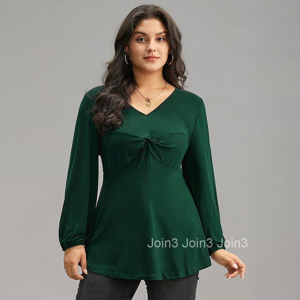 Plus Size Womens Elegant and Intellectual T-shirt Autumn and Winter V-neck Fashionable Versatile Slimming Long Sleeved Top