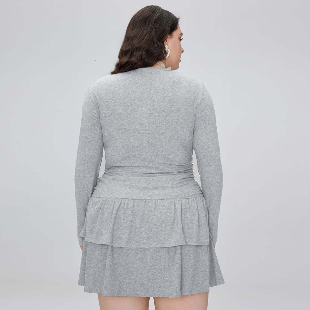 Autumn and Winter New Plus Size Womens Round Neck Dress Simple Long Sleeved A-line Short Skirt