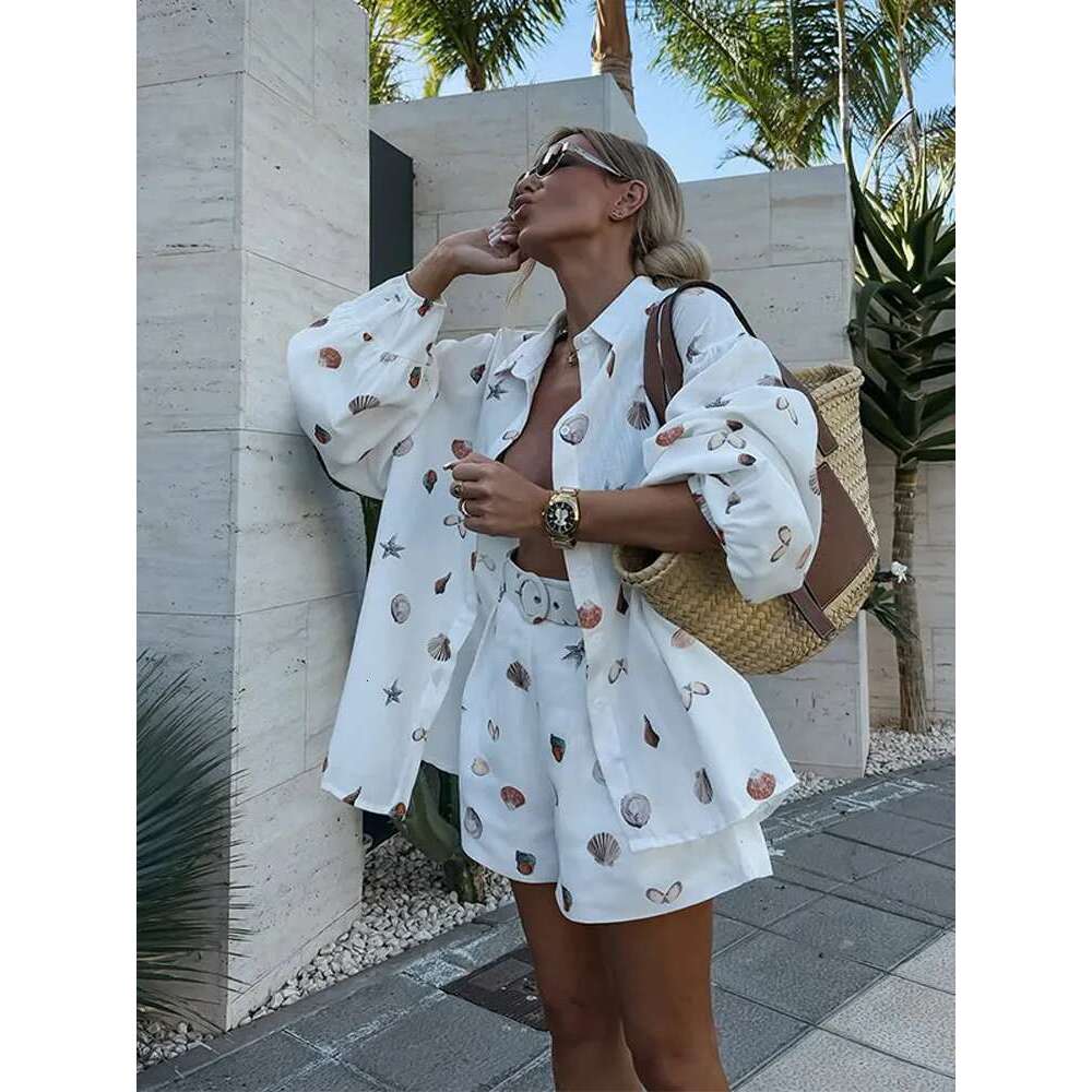 Shell Print Shorts Set Women Loose Lapel Lantern Sleeve Single Breasted Shirt Short Pant Summer Beach 2 Pieces Lady Outfit