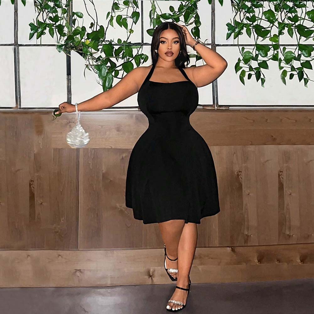 Large Size Womens Square Neck Hanging Neck Dress with a Sense of Luxury and Temperament Waist Cinching A-line Slimming Short Skirt