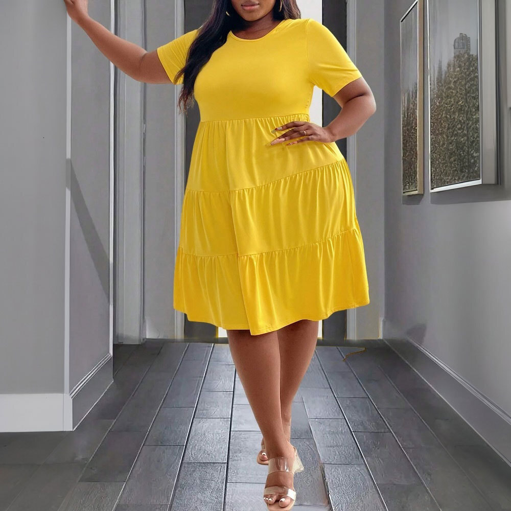 Plus Size Womens Elegant Yellow Dress Spring and Summer New Style Loose and Slimming Mid Length Skirt