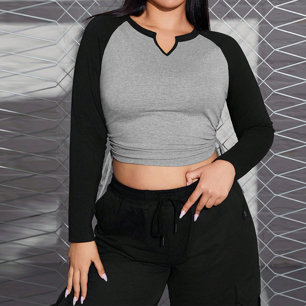 Oversized Womens Clothing Style Design V-neck Long Sleeved T-shirt Front Shoulder Base Shirt Spliced Contrasting Color Top