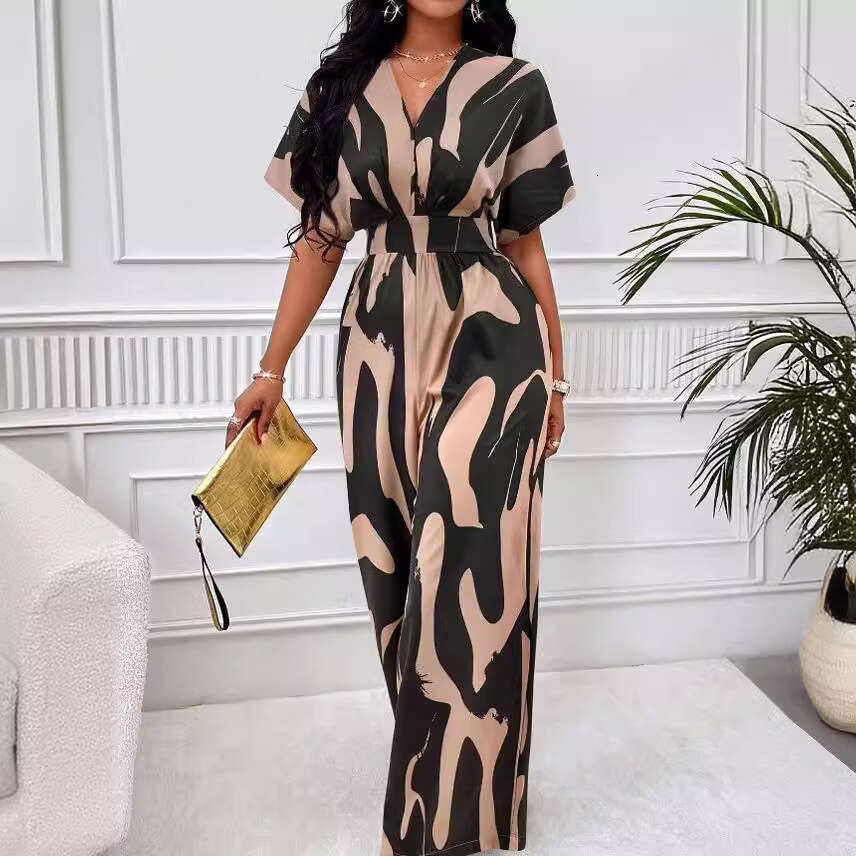 Wide Leg Jumpsuit Spring And Summer New Women S Clothing Full Body Printed Bat Sleeves Wide Leg Jumpsuit