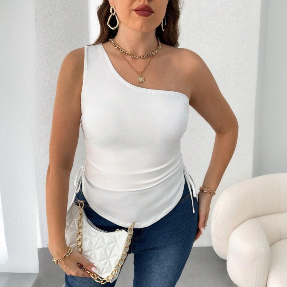 Plus Size Womens Simple and Elegant T-shirt for Spring and Summer 2025 New Slanted Neck Slimming Top