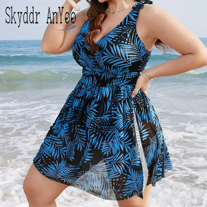 Womens Plus Size Swimsuit Stylish Swimwear One Piece Tankini V-Neck Split Hem Swim Dress Large Size Bodysuit Beach Wear 250515
