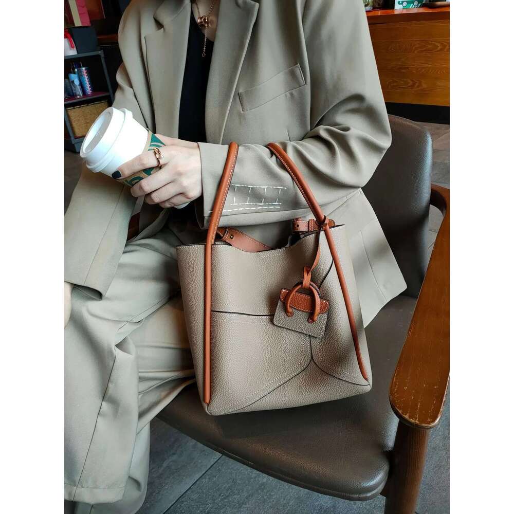 New Geometric Design Natural Togo Cow Leather Basket Tote Hit-Color Big Capacity Women's Handbag Armpit Shoulder Purse