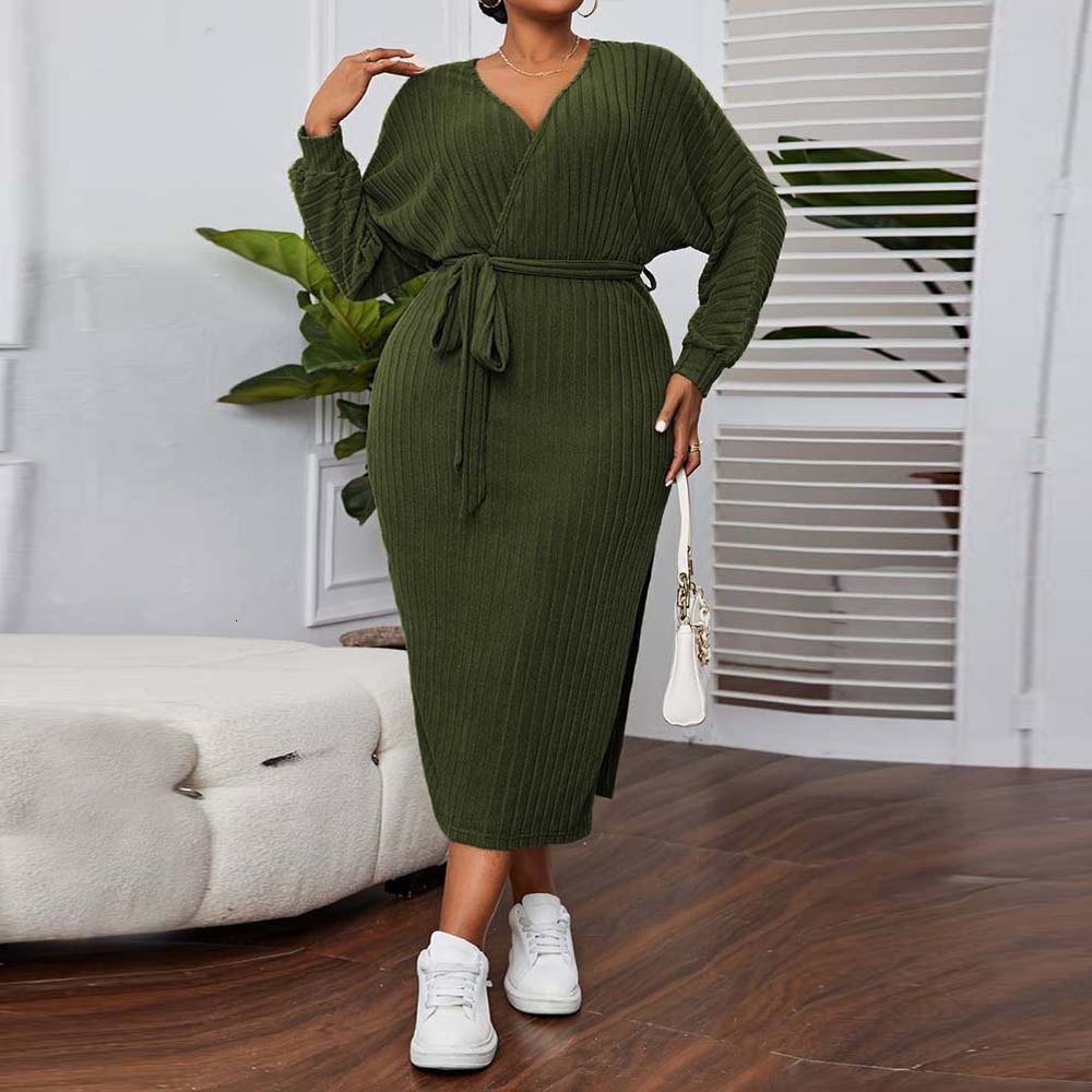 Oversized Womens V-neck Lantern Sleeve Dress with Elegant Autumn and Winter Temperament A-line Mid Length Skirt