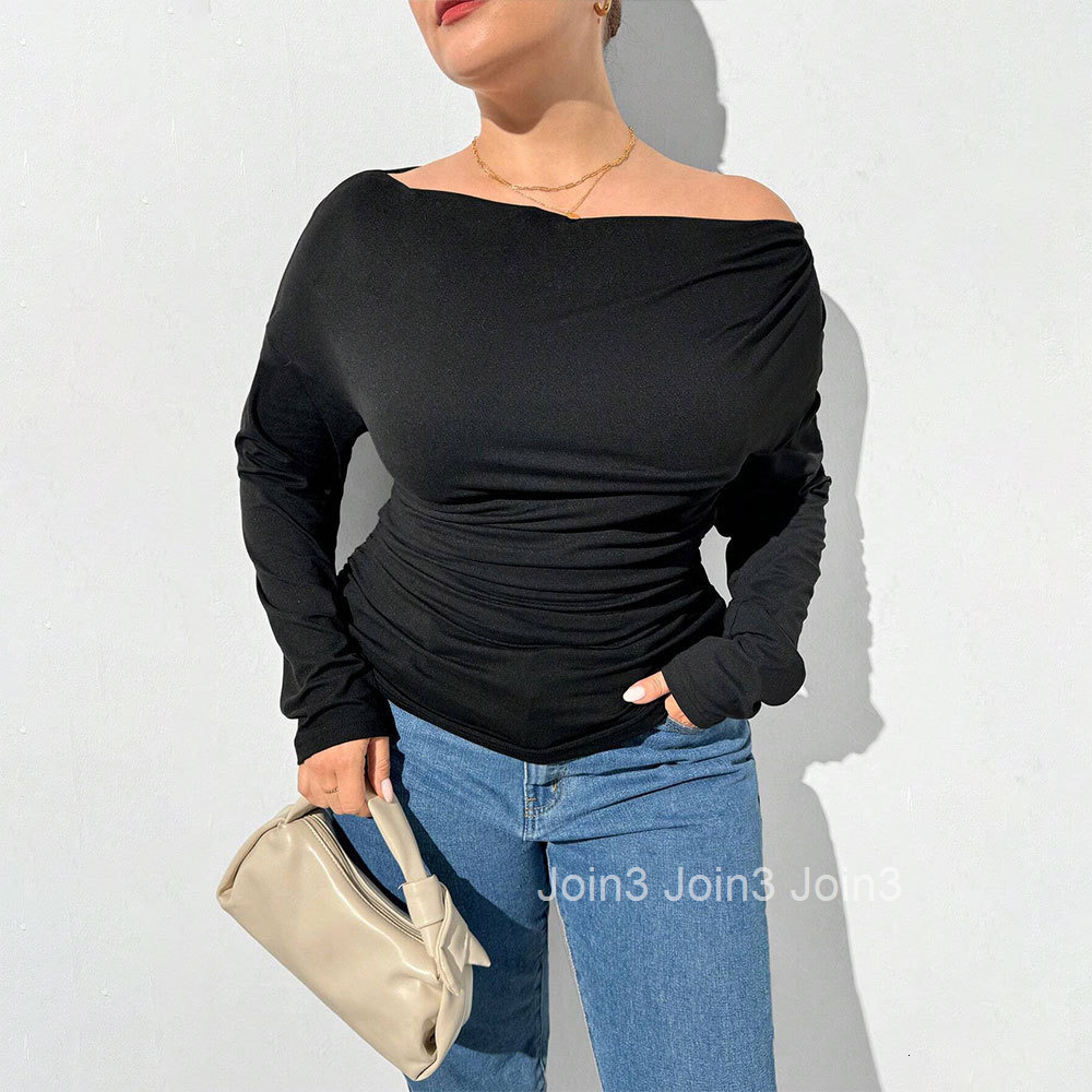 Large Size Womens Elegant One Neck T-shirt for Spring and Summer 2025 New Collection Pleated Slim Fit and Slimming Top