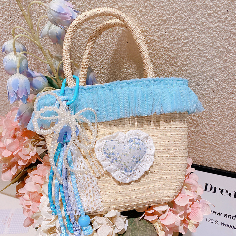 2025S designer ocean blue lace woven women beach vacation style handbag bucket bag