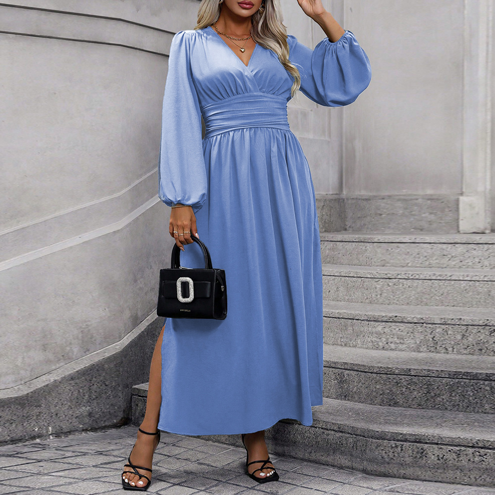 Plus Size Womens Sexy V-neck Cinched Waist Large Skirt Slit Long Sleeved Dress