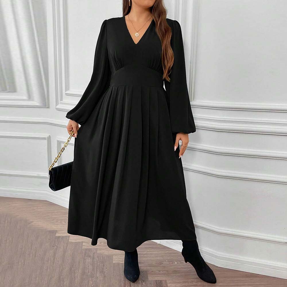 Autumn and Winter New Plus Size Womens Sexy V-neck Waist Cinched Bubble Sleeves Mid Length Skirt Big Skirt Dress
