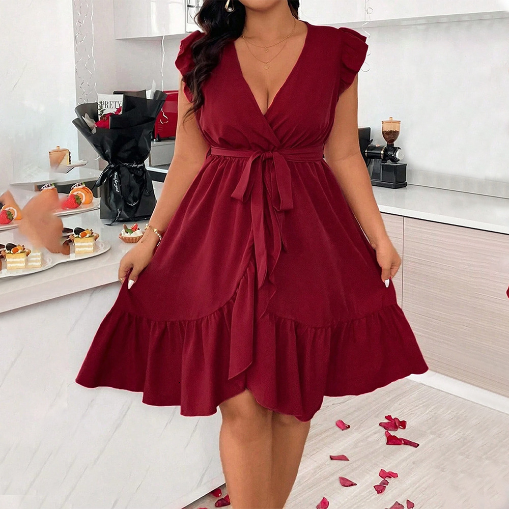 New Womens V-neck Solid Color Tied Waist Ruffle Edge Short Sleeve Dress