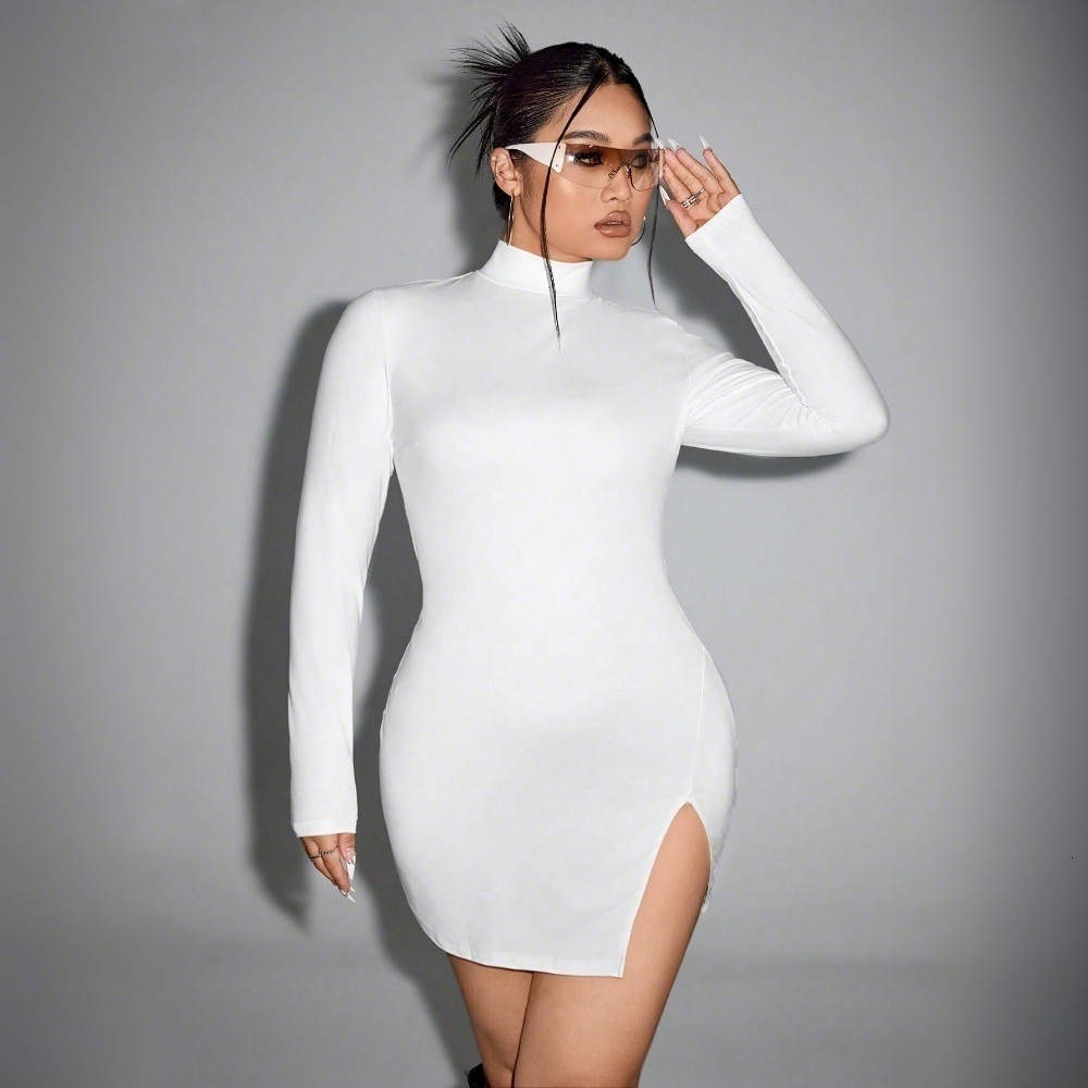 Womens Sexy Pure Desire Dress Autumn/winter New Half High Collar Solid Color High Waist Short Skirt