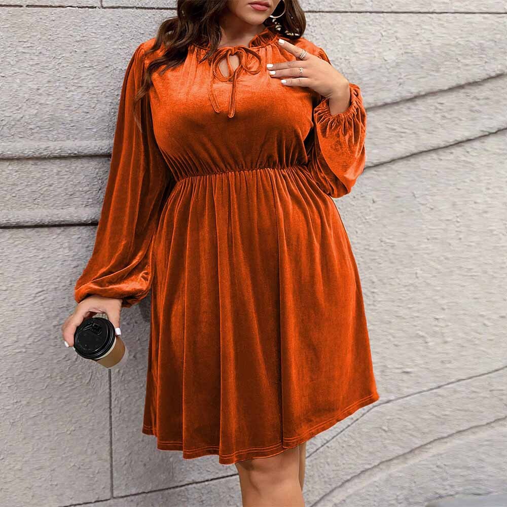 Autumn and Winter New Plus Size Womens Clothing with Waist Cinched Bubble Sleeves Large Skirt Short Skirt Velvet Dress
