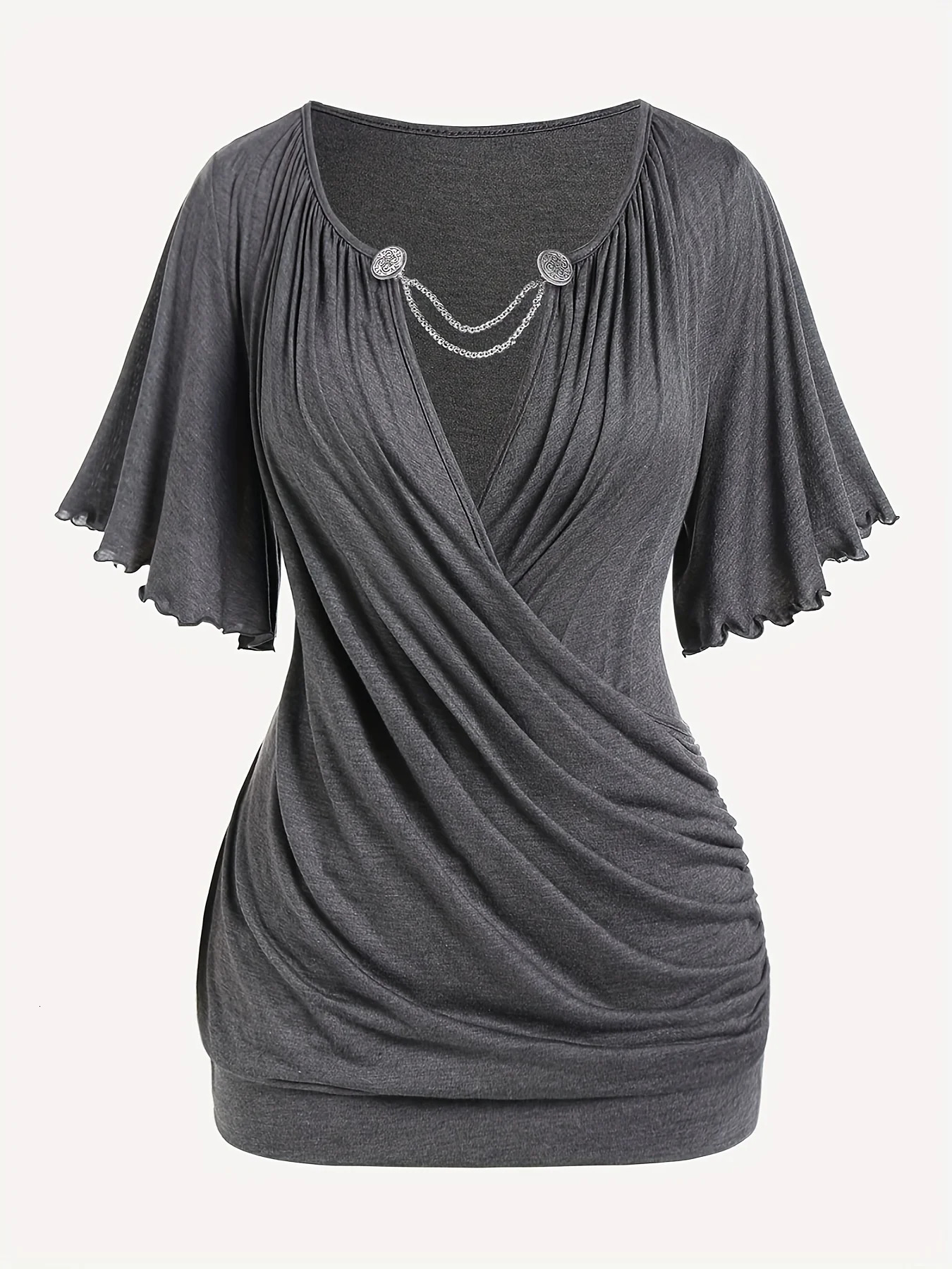 European and American hit fashion womens pleated chain embellished Vneck plussize Tshirt top 250514