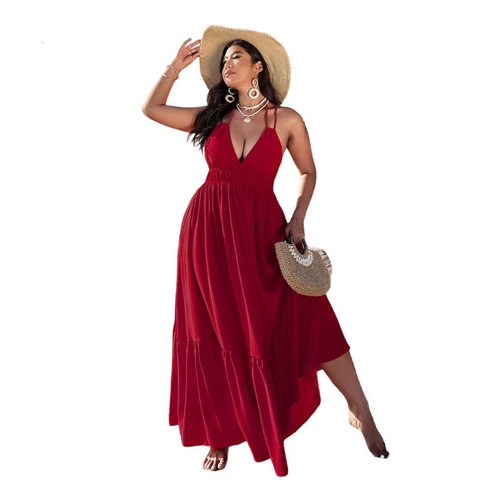 Large Size Womens Beach Resort Camisole Dress Summer V-neck Backless Beach Long Dress
