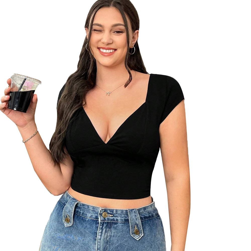 Large Size Womens V-neck Slim Fit Short Sleeved T-shirt for Summer Sexy Pure Desire Temperament Short Top for Women