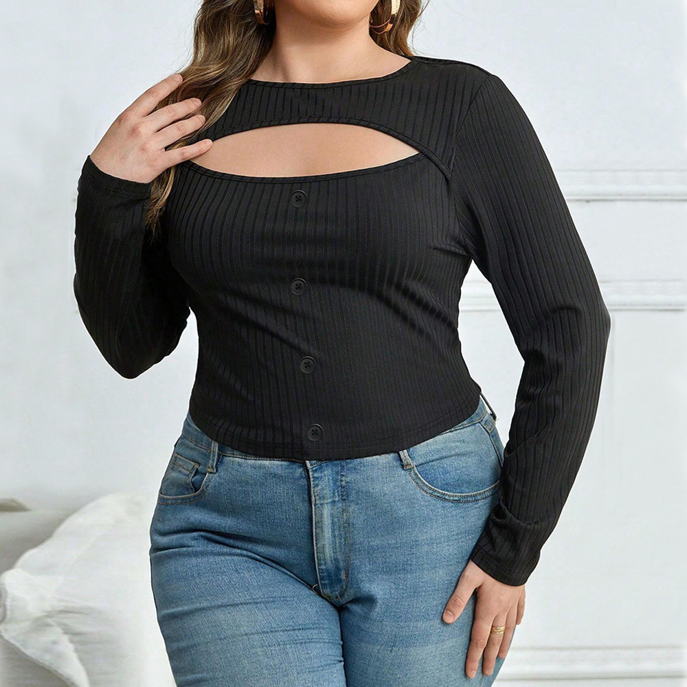 Large Size Womens Clothing Autumn and Winter New Item Slim Fit Round Neck Sexy Hollow Out Long Sleeved T-shirt Versatile Top