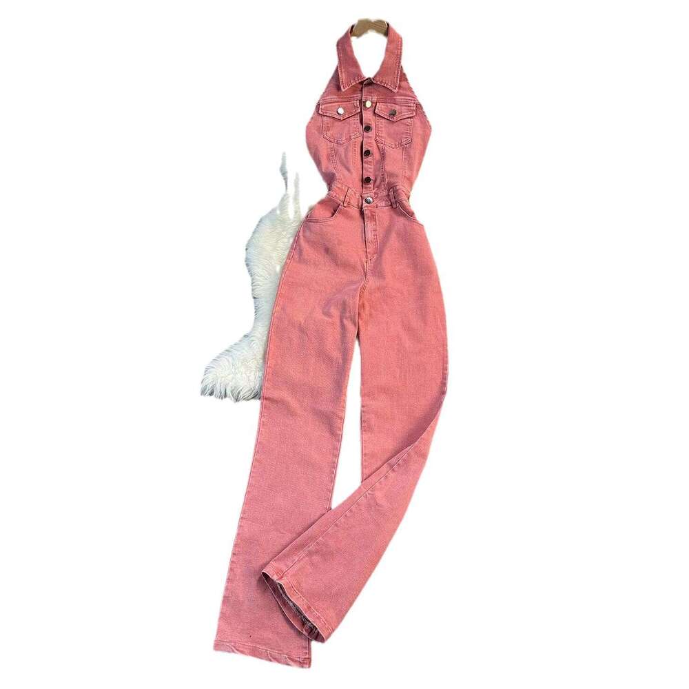 Wide Leg Jumpsuit Summer Denim Jumpsuit With Feminine Style Featuring Hanging Neck Sleeveless Design Exposed Back High Waist Slimming Effect And A Sli