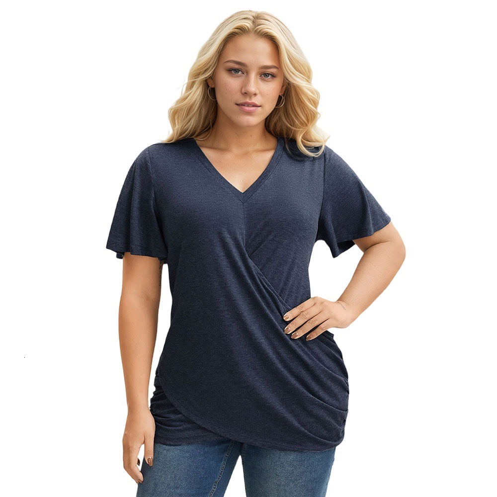 Womens Clothing 2025 Fashion Summer New Item Casual Solid Color V-neck Short Sleeved T-shirt