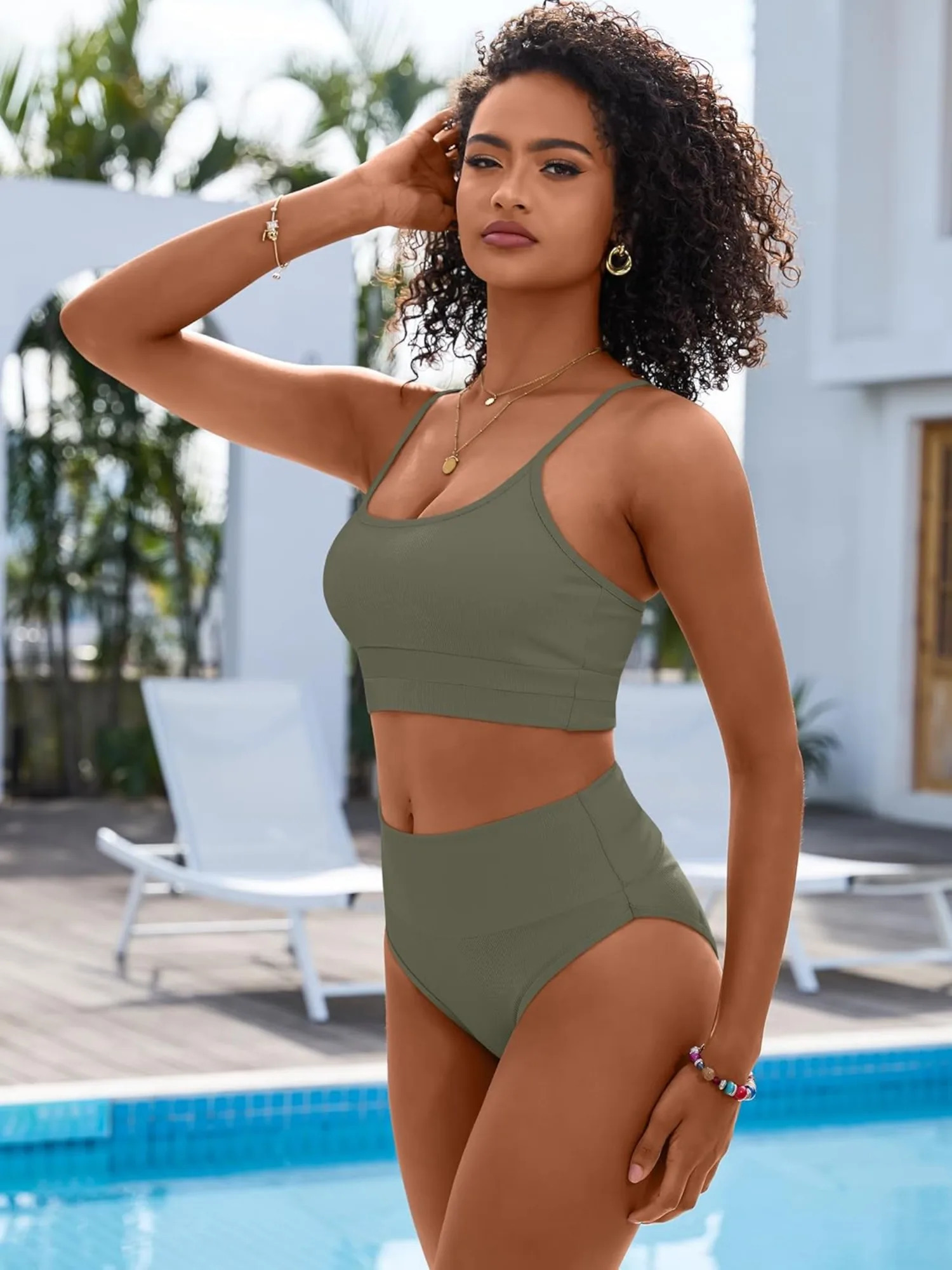 Bikini Sets for Women 2 Piece High Waisted Tummy Control Color Block Summer Beach Swimsuit Ribbed Swim Bathing Suit 250515