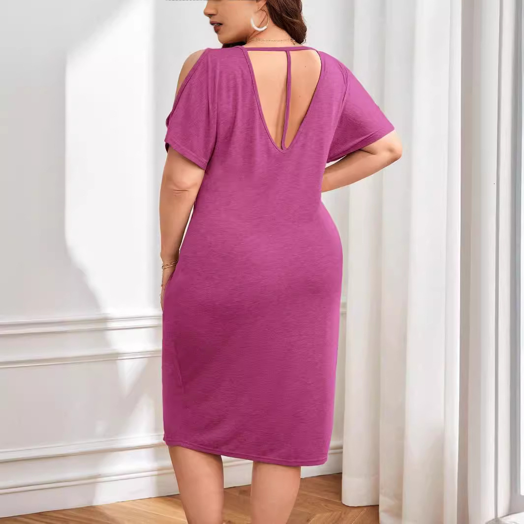 Large Size Womens V-neck Short Sleeved Pleated Rose Red Dress Elegant Summer Temperament Hip Hugging Skirt for Women