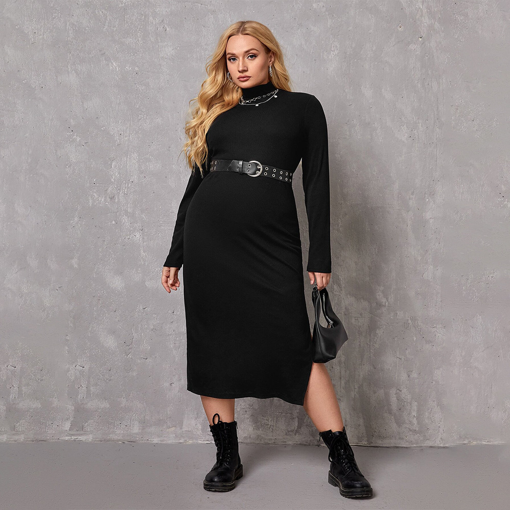 Plus Size Womens Ladies Intellectual Style Dress Autumn and Winter High Neck Base Mid Length Skirt