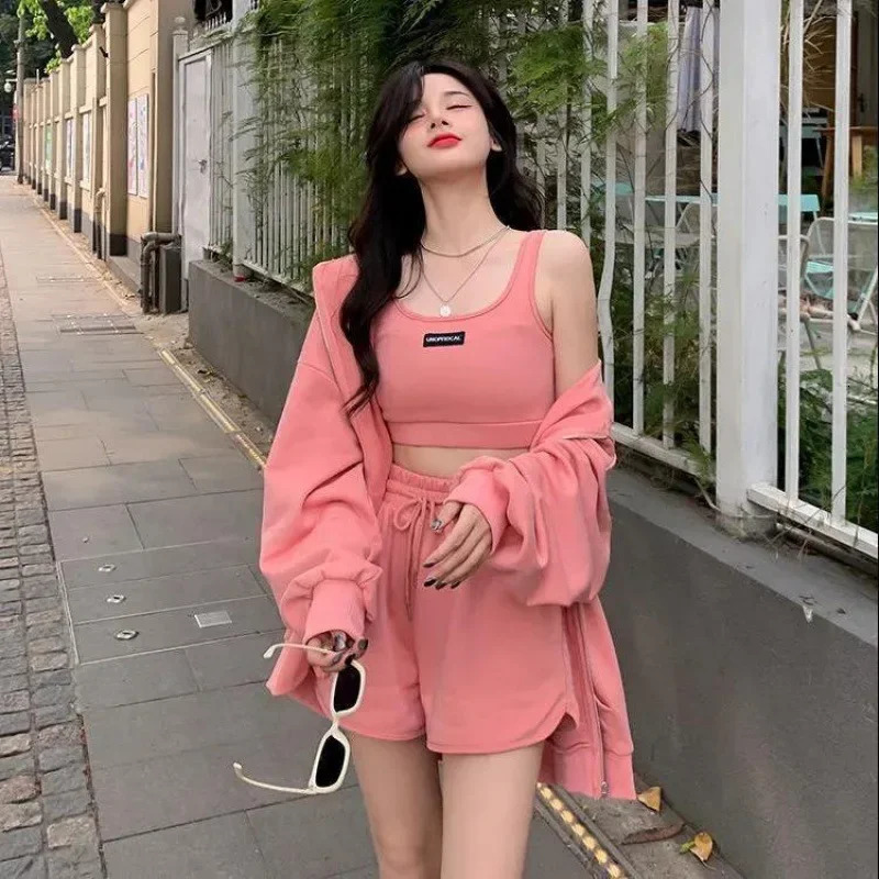Plus Size 2024 Womens Fashion Suit Hooded Zipper Jacket Thin Loosefit Pants Vest Threepiece Set Trendy 250506