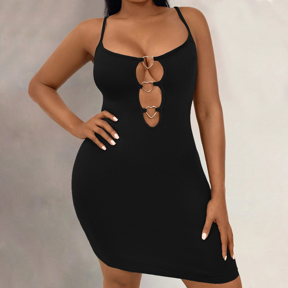Large Size Womens Spicy Style Sexy Hollow Out Love Suspender Hip Hugging Skirt Fashionable Low Cut Slim Fit Short Skirt