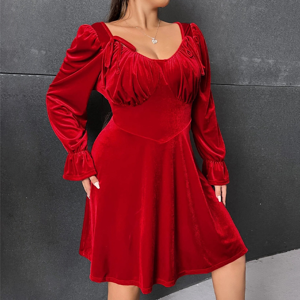 Large Size Womens Clothing Autumn and Winter New Collection Waist Cinching and Swinging Short Skirt Long Sleeved Velvet Party Dress