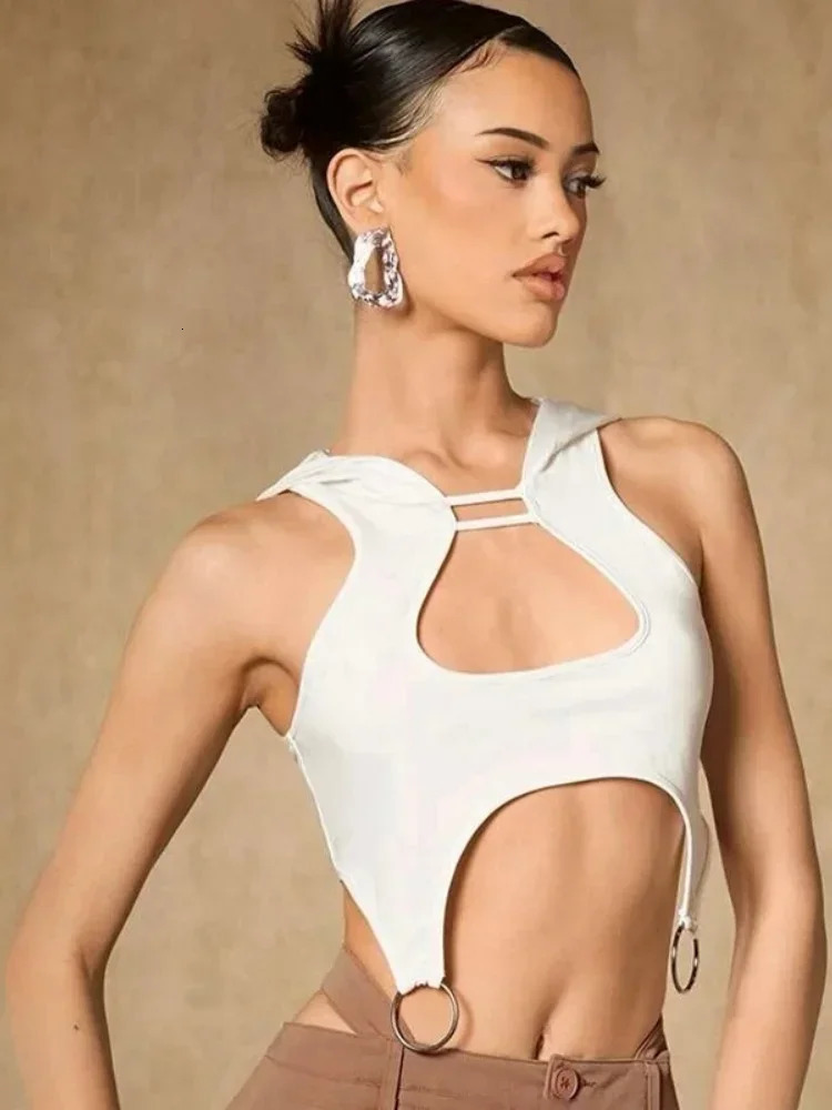 Hollowed Out Y2k Tops Fashion Casual Tank Top Sleeveles Clothing Solid Color Hanging Ring Slim Hooded Trend Streetwear 250506