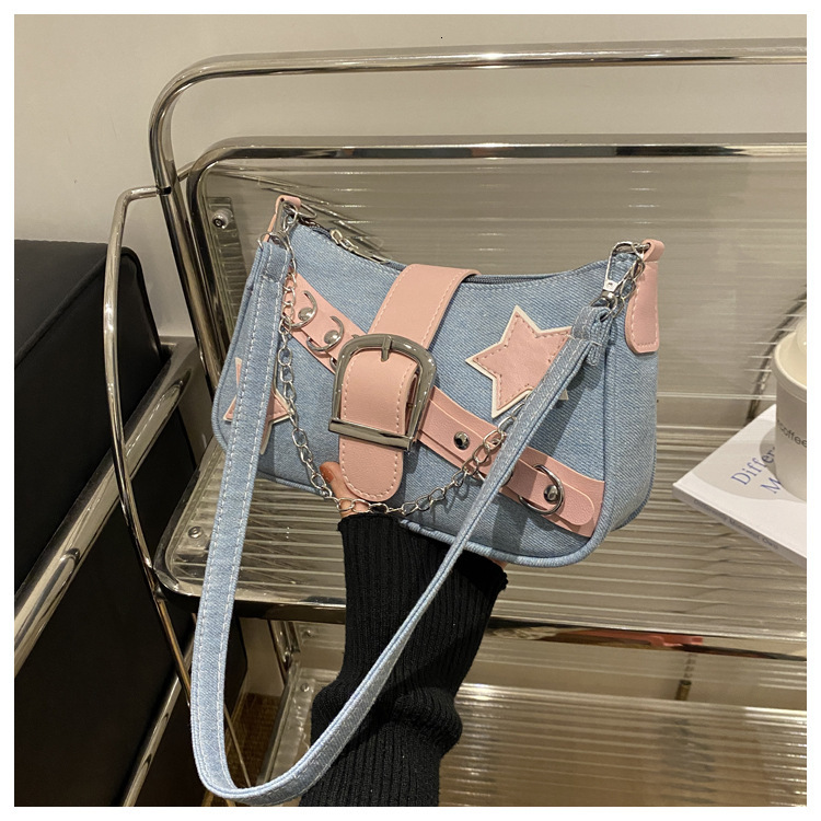Free Delivery Designer S Bag Korean Edition Underarm For Women In Spring Stylish Contrasting Color Single Shoulder Casual And Personalized Chain Denim