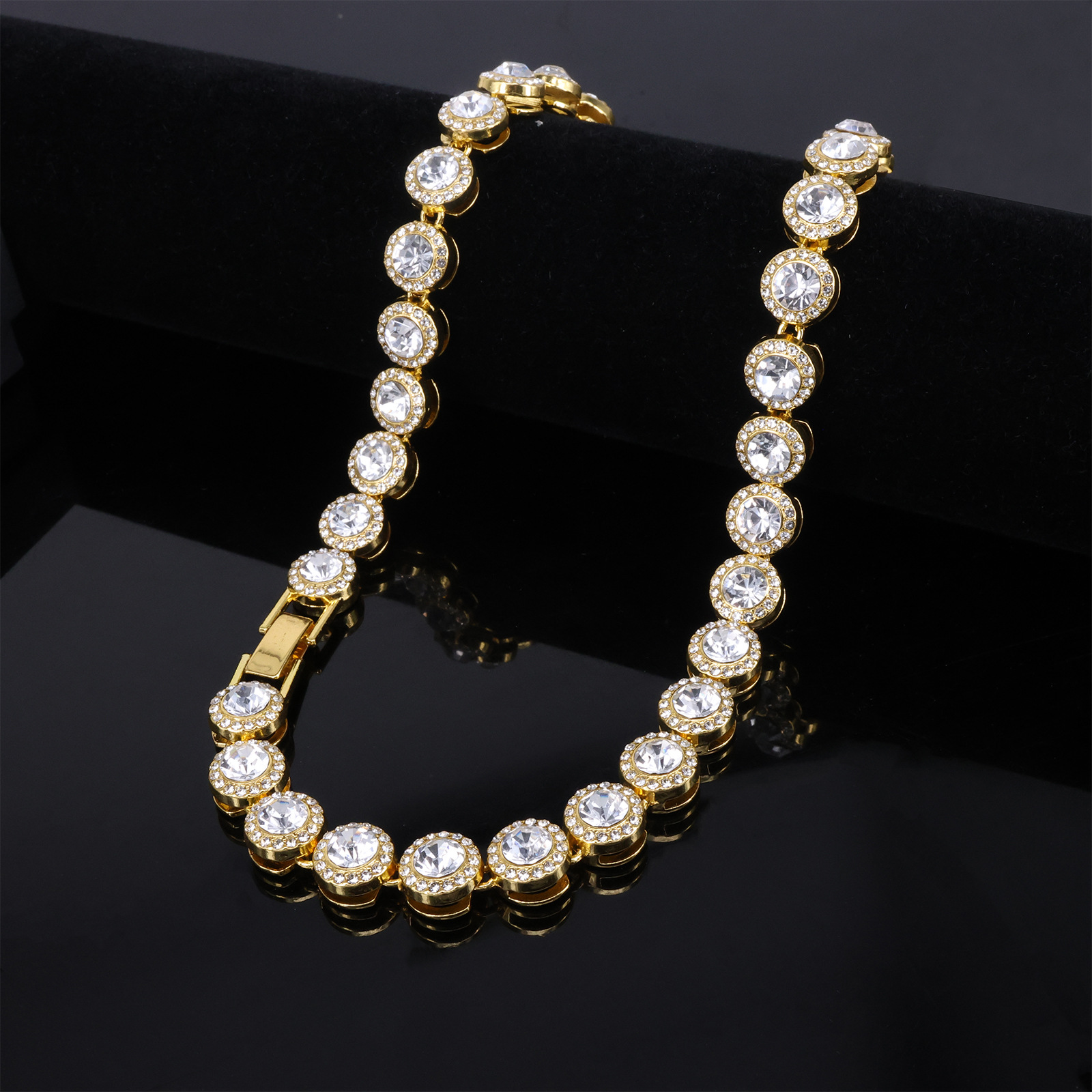 Trendy 12mm Round Rhinestone Cuban Link Necklace for Men & Women, Hip-Hop Style, Gold-Plated with Large Diamonds