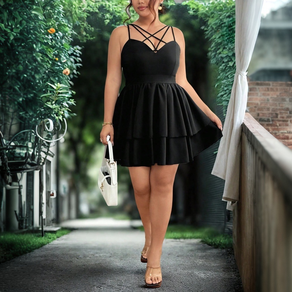 Plus Size Womens Sexy V-neck Camisole Dress for Spring and Summer Slim Fit and Slimming Short Skirt
