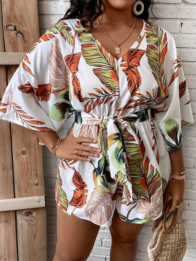 GIBSIE Plus Size Tropical Print Belted Jumpsuit Romper Women Summer V-Neck 34 Sleeve Beach Vacation Playsuit Womens Rompers 250515