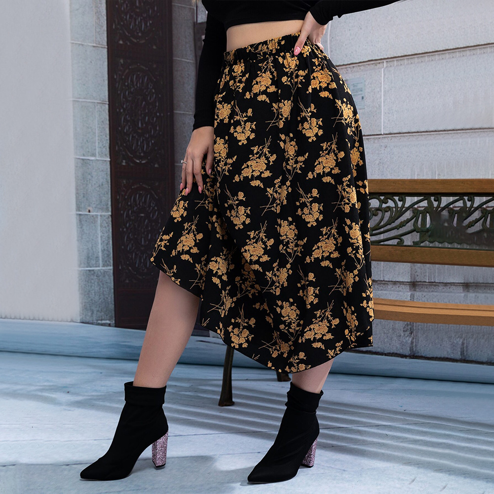 Large Size Womens Versatile Commuting Style Half Skirt with Autumn and Winter High Waist and Drooping Feeling Floral A-line Skirt