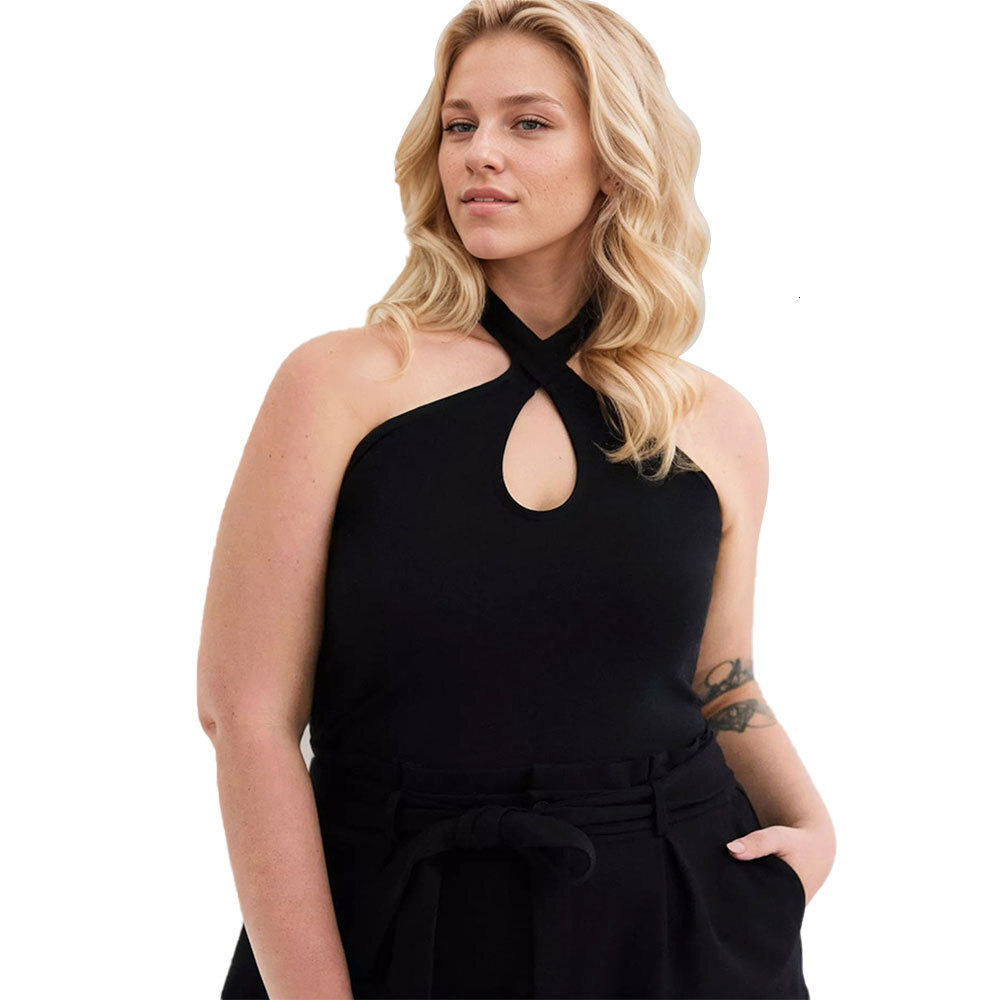 Large Size Womens Clothing 2025 Spring/summer New Style Sexy Cross Hanging Neck Slim Fit T-shirt Top