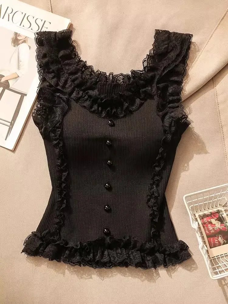 Korean Lace Patchwork Crop Top Women UNeck Knitted Stretch Tank 2025 Summer Female White Cami 250506