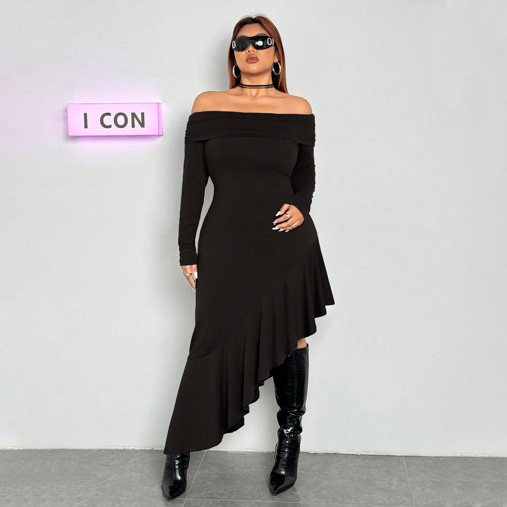 Plus Size Womens Elegant Dress Autumn and Winter One Neck Black Fungus Edge Mid Length Skirt