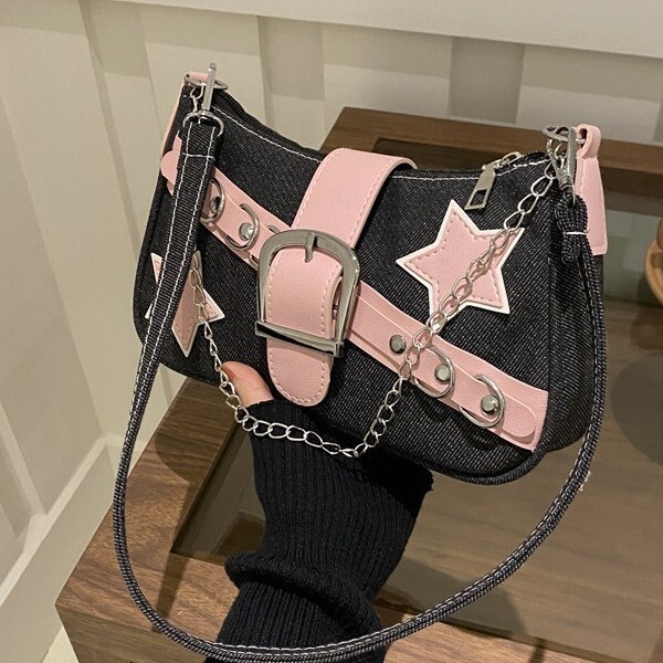 Free Delivery Designer S Bag Korean Edition Underarm For Women In Spring Stylish Contrasting Color Single Shoulder Casual And Personalized Chain Denim