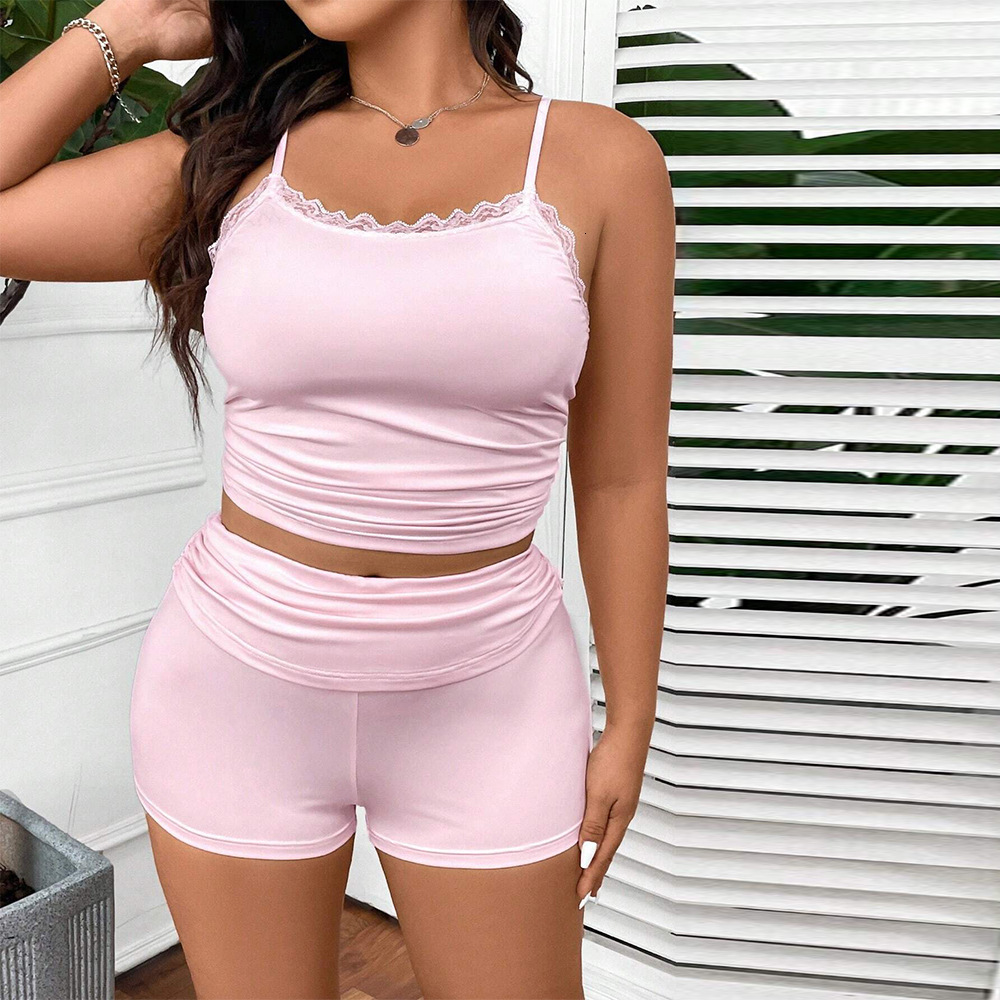Large Size Womens Sexy Fashion Set Autumn and Winter Lace Camisole Shorts Two-piece Set