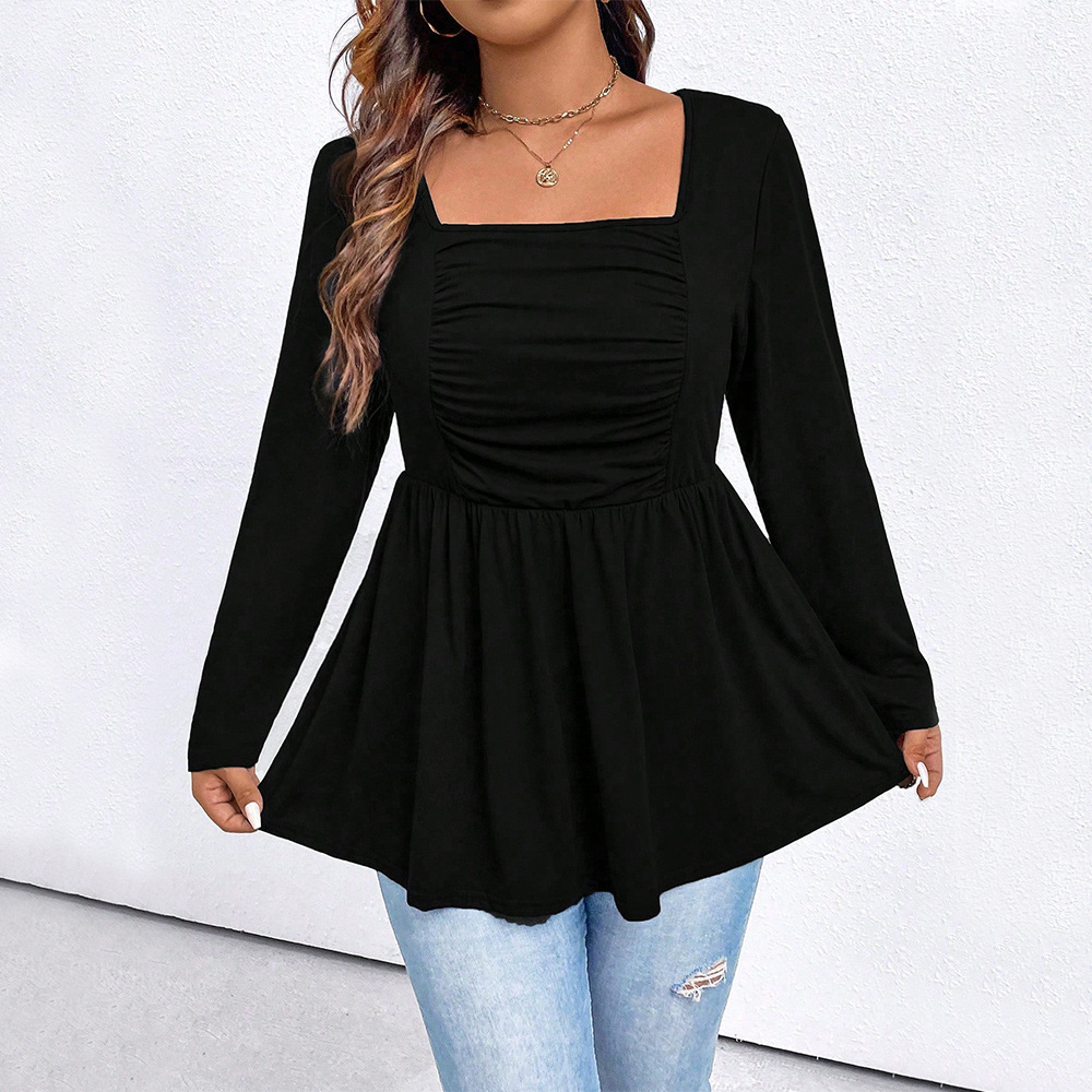 Large Size Womens Square Neck Knitted Long Sleeved Shirt with Loose Waist and Slimming Effect Bubble Sleeves Solid Color Top