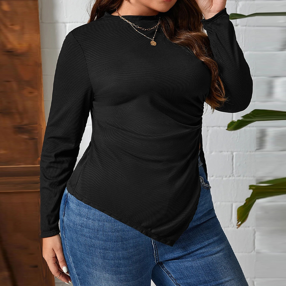 Autumn and Winter Plus Size Womens Round Neck Slim Fit Asymmetric Knitted Long Sleeved T-shirt Versatile Top