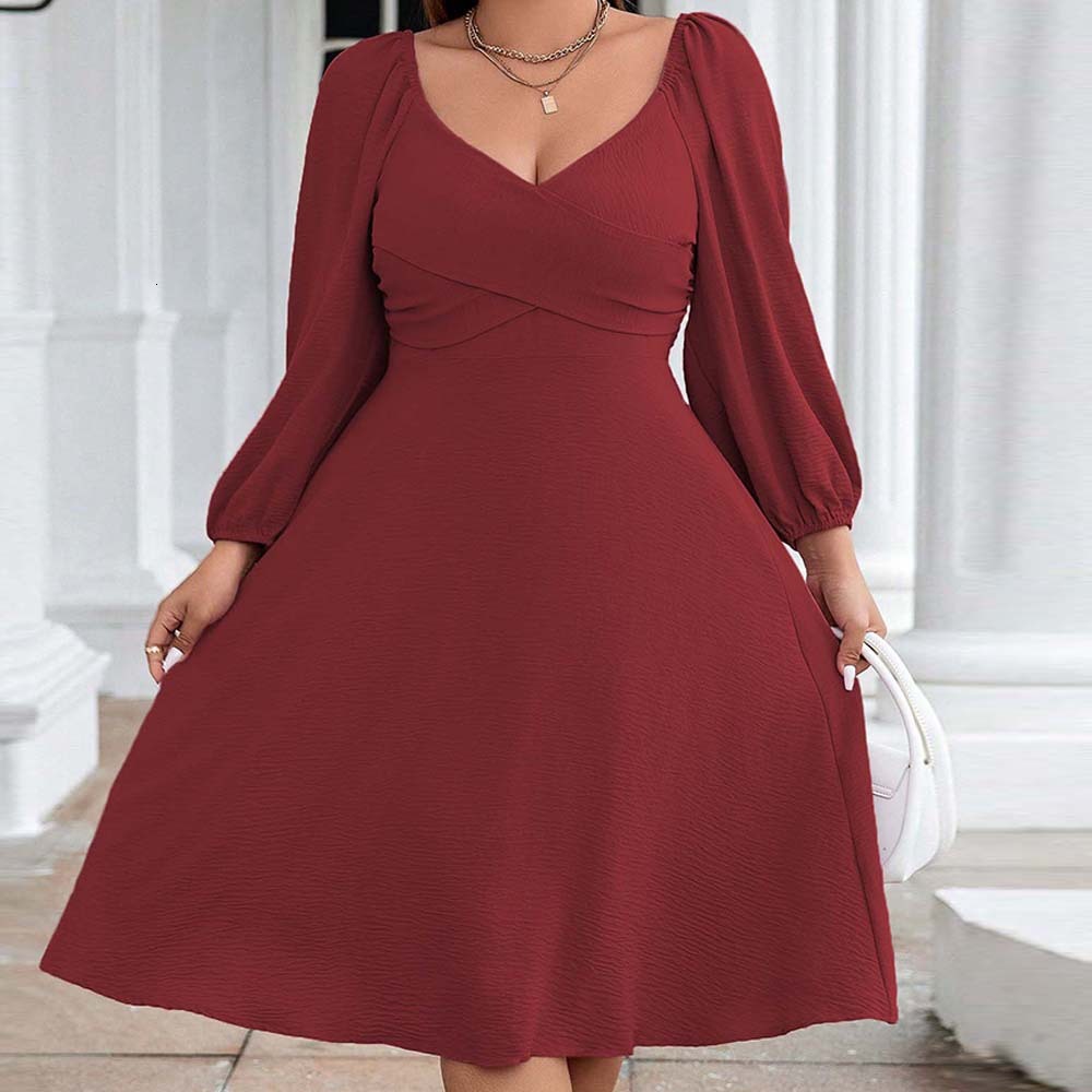 Plus Size Womens Clothing Elegant Style Red Dress Autumn and Winter V-neck Long Sleeved Mid Length Skirt