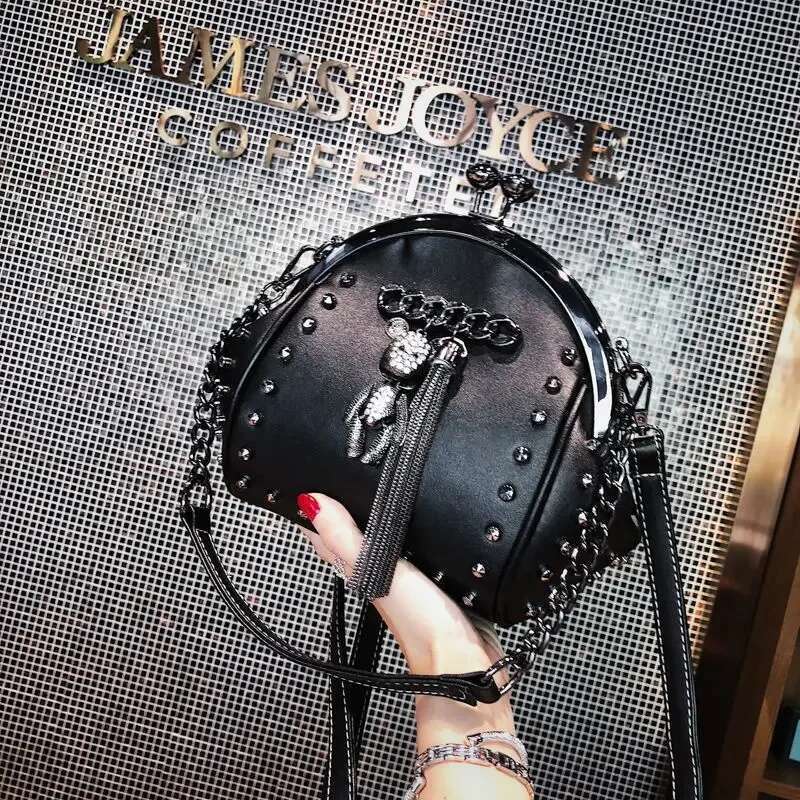Rivet Metal Fringe Dia Women Shoulder Trend Stylish Chic Cartoon Pendant Crossbody Bag PU Leather Chain Female Handbag
